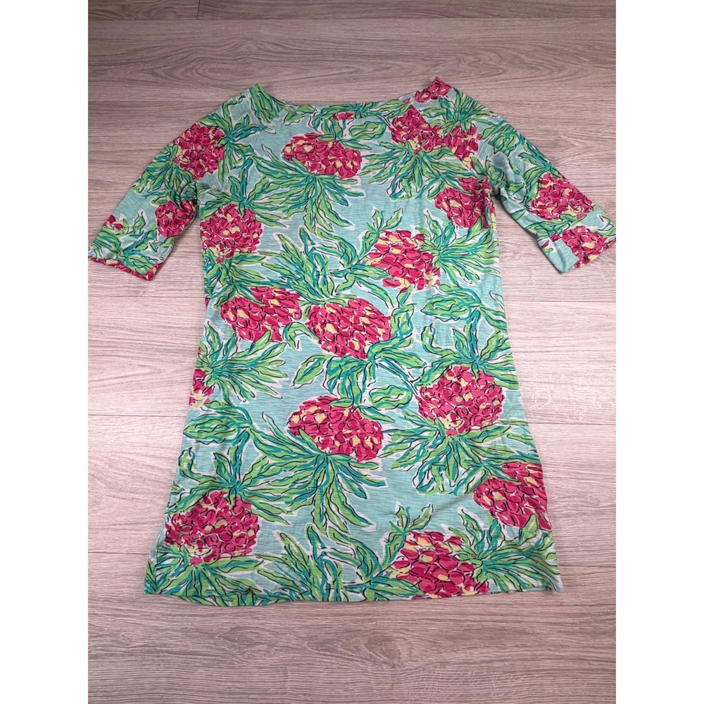 Lilly Pulitzer Pineapple Print Cotton Slub Jersey Dress Blue Pink Large L